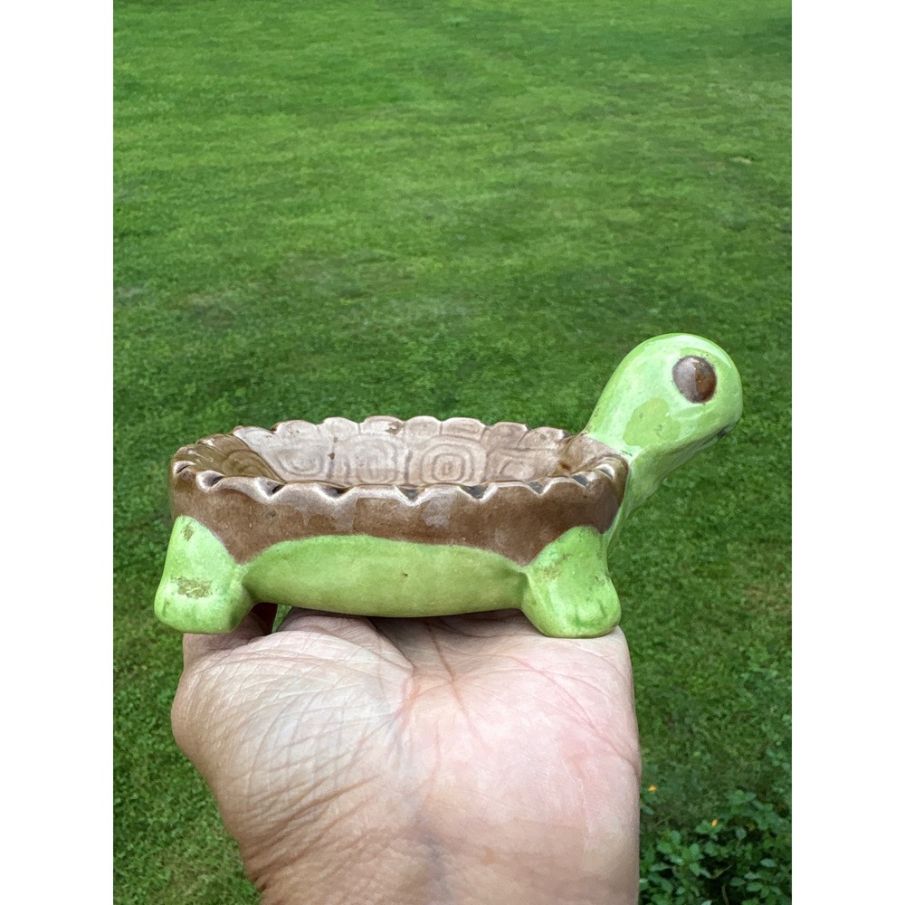 Vintage Hand Painted Ceramic Turtle Trinket Soap Dish Green Brown Glazed CUTE